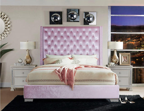 Jacklyn Pink velvet tufted king panel bed angled side view