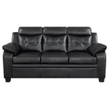 Detail view of brown polyester leather upholstery on Finley living room set