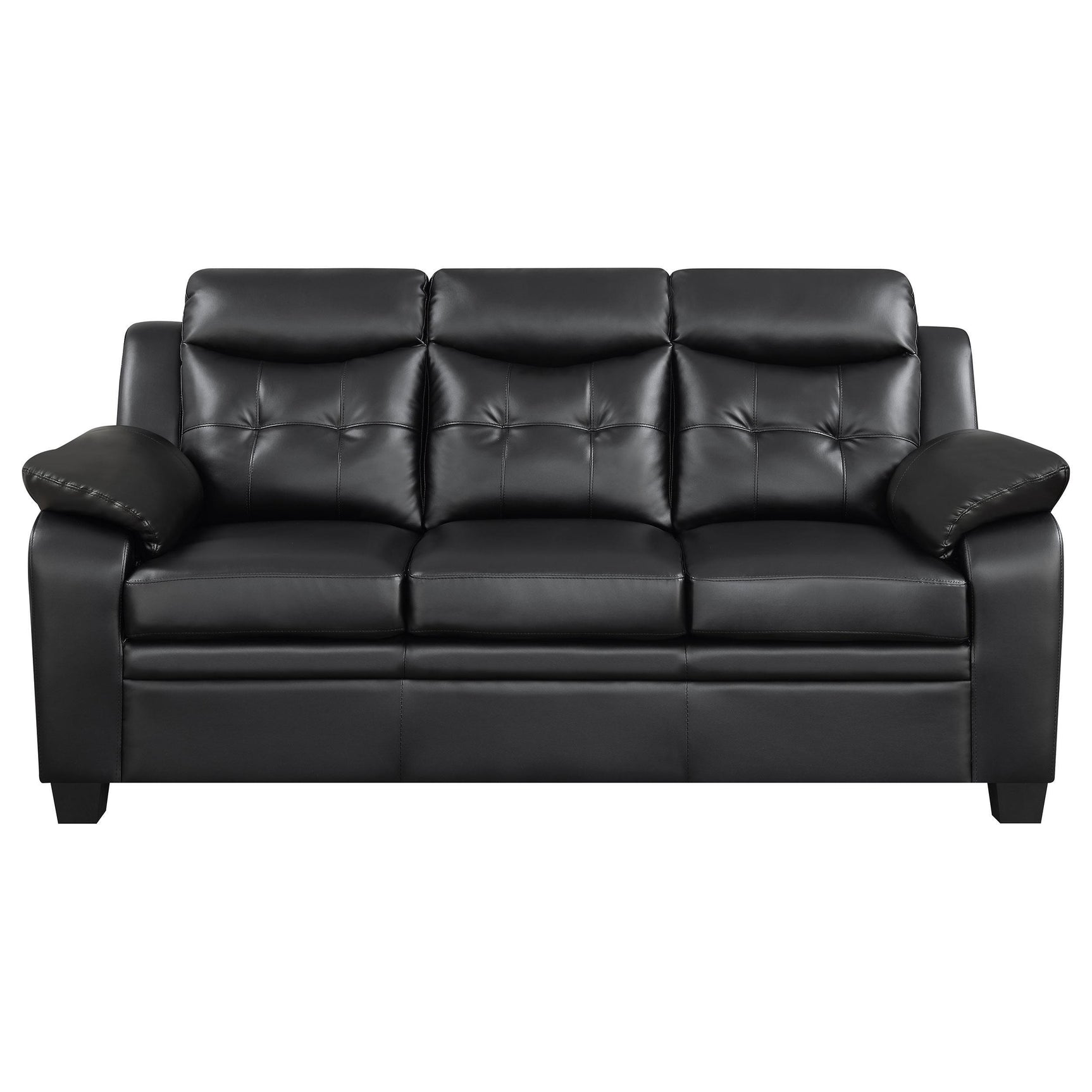 Detail view of brown polyester leather upholstery on Finley living room set