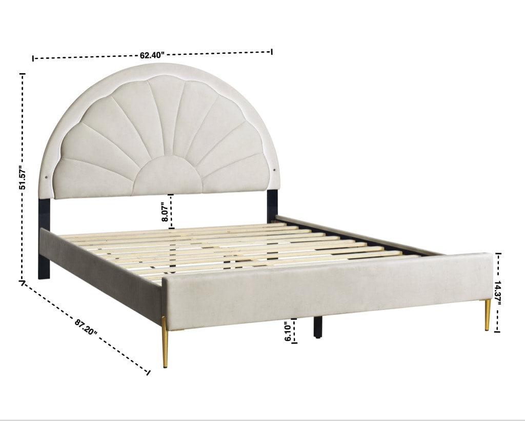 Side angle of Flora beige velvet upholstered queen platform bed showing wood and metal frame