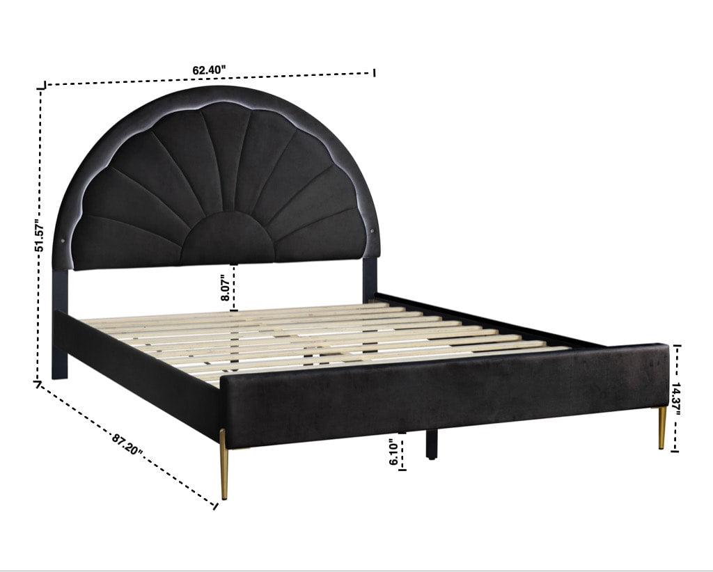 Close-up of Flora bed's black velvet upholstered headboard with LED lighting