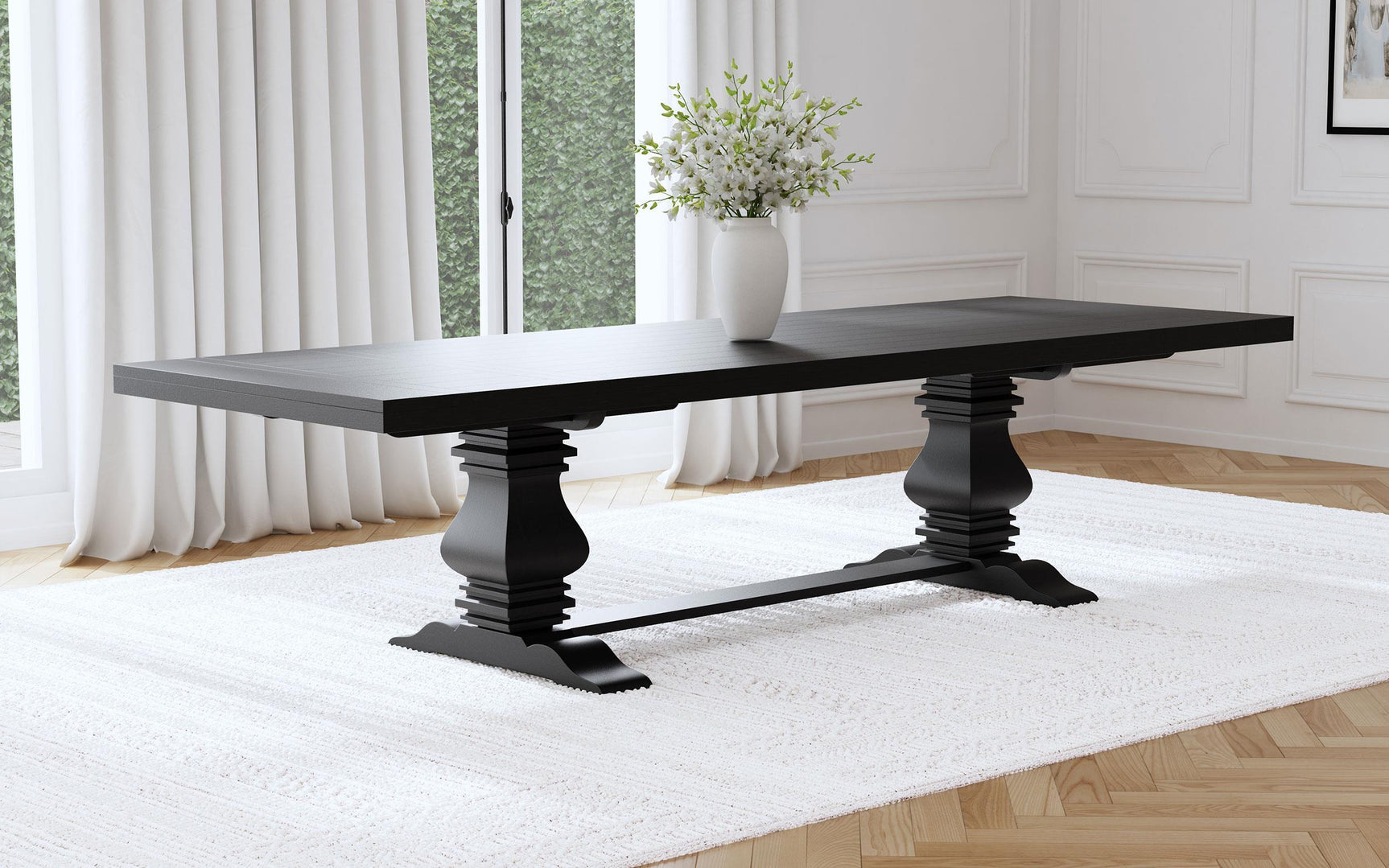 Carved double pedestal base with wide plank accent on Florence dining table