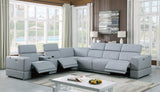 Franco 7-Piece Light Blue Italian Leather Match Power Reclining Sectional with 3 Power Seats and Storage Console from Decor Furniture