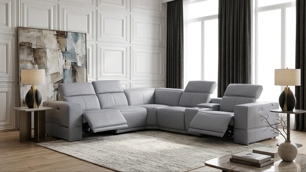 Franco II 6-Piece Light Blue Italian Top Grain Leather Power Reclining Sectional with Wireless Charging from Decor Furniture