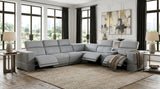 Franco II 7-Piece Light Blue Italian Top Grain Leather Power Reclining Sectional with 3 Power Seats and Wireless Charging from Decor Furniture