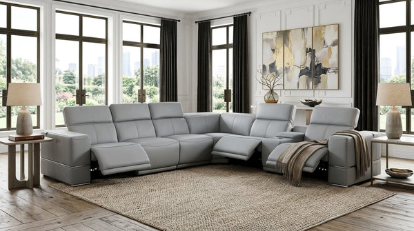 Franco II 7-Piece Light Blue Italian Top Grain Leather Power Reclining Sectional with 3 Power Seats and Wireless Charging from Decor Furniture