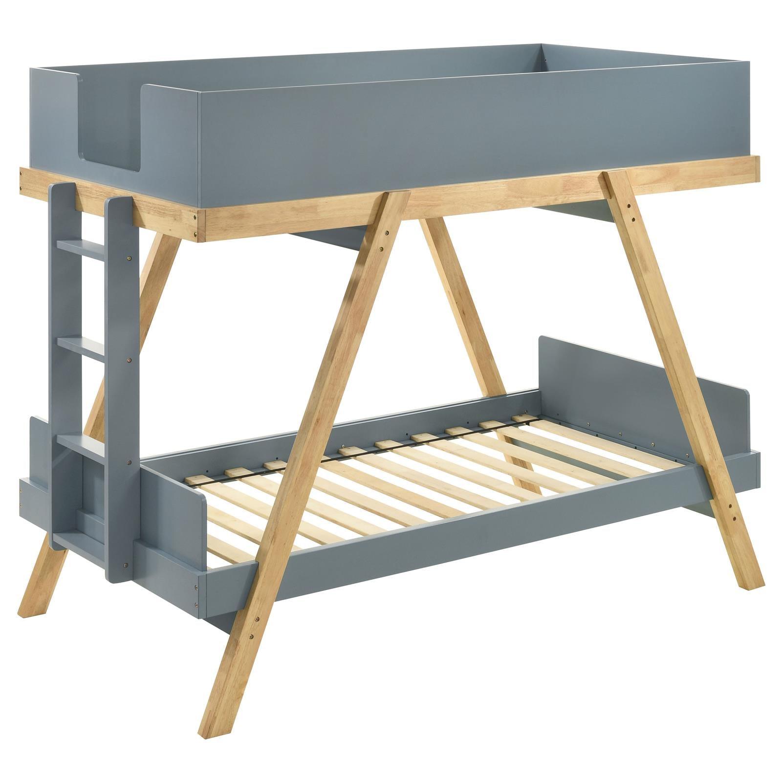 Frankie Wood Twin Over Twin Bunk Bed Van Courtland Blue and Natural, angled side view