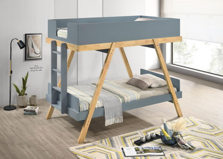 Frankie Wood Twin Over Twin Bunk Bed Van Courtland Blue and Natural, ladder detail