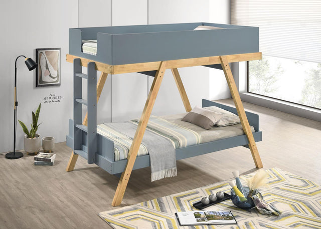 Frankie Wood Twin Over Twin Bunk Bed Van Courtland Blue and Natural, ladder detail