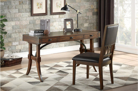 Frazier Park Brown Cherry Wood Writing Desk angled view showing drawers and keyboard tray