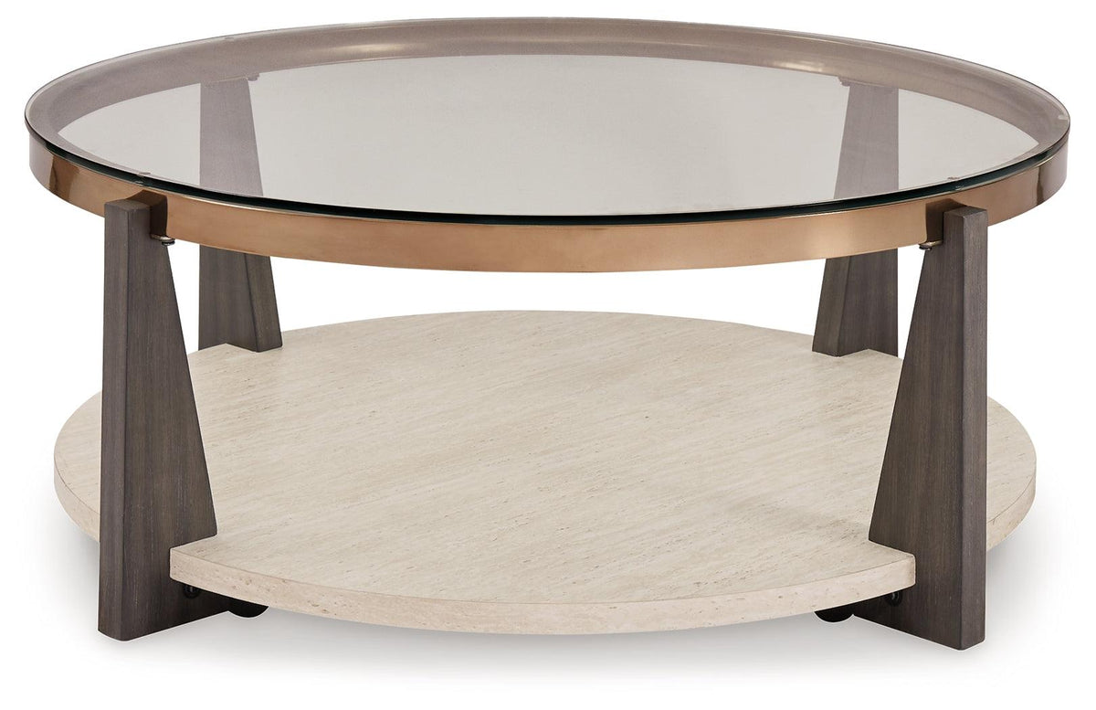 Frazwa coffee table showing faux travertine lower shelf