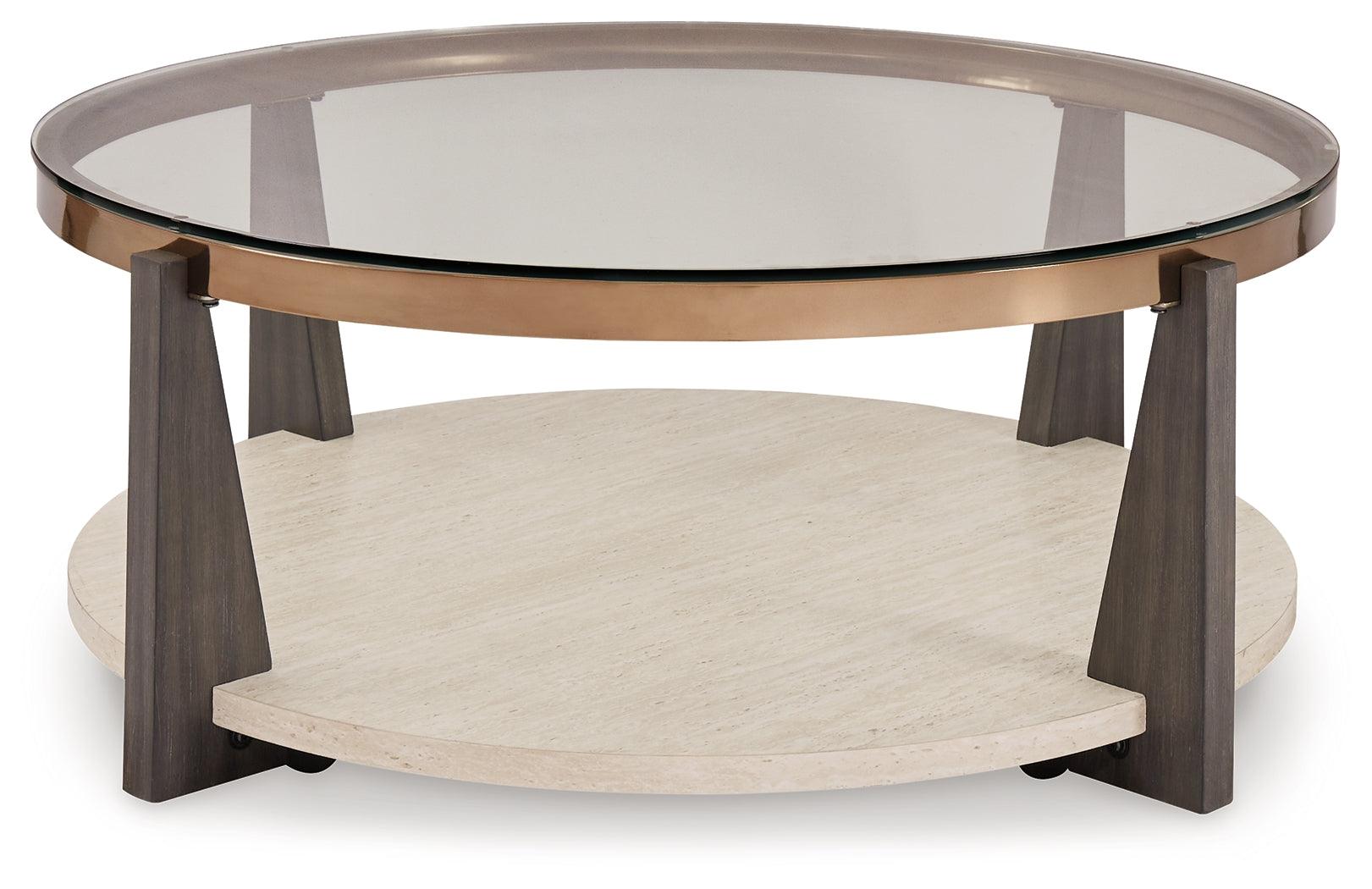 Frazwa coffee table showing faux travertine lower shelf