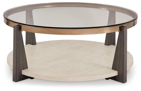 Frazwa coffee table showing faux travertine lower shelf