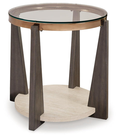 Side angle of Frazwa Multi Material End Table showing glass top