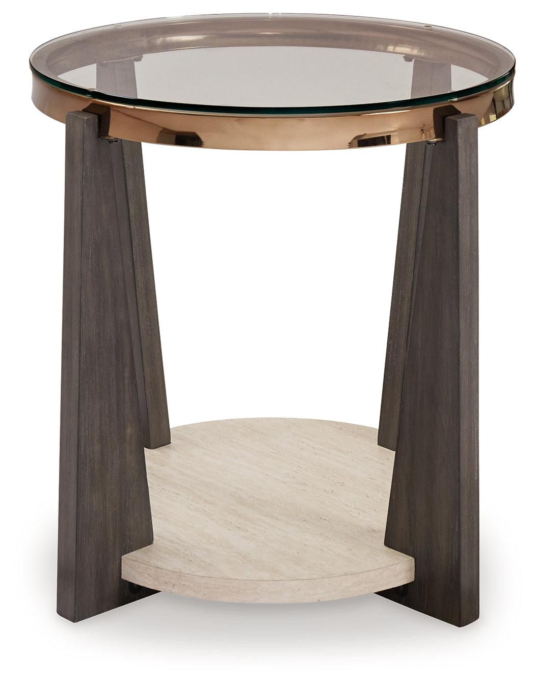 Close-up of Frazwa End Table goldtone metal frame and wood legs