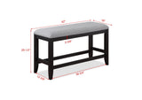 close-up detail of gray fabric seat and black table finish