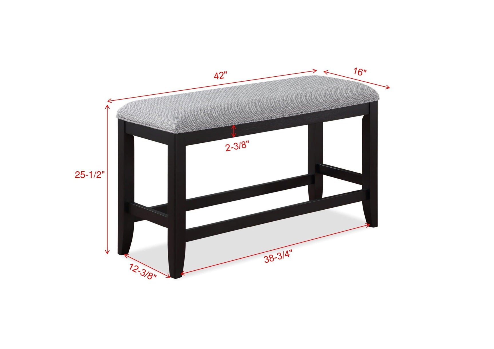 close-up detail of gray fabric seat and black table finish