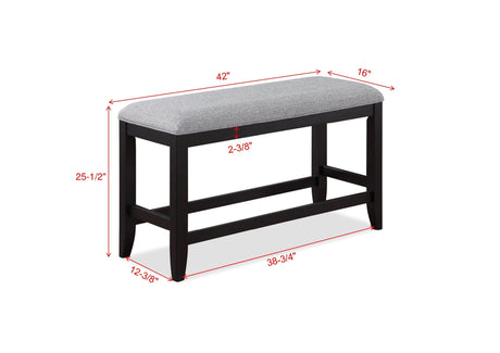 close-up detail of gray fabric seat and black table finish