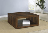 Side view of Frisco Square dark pine coffee table with plastic glides