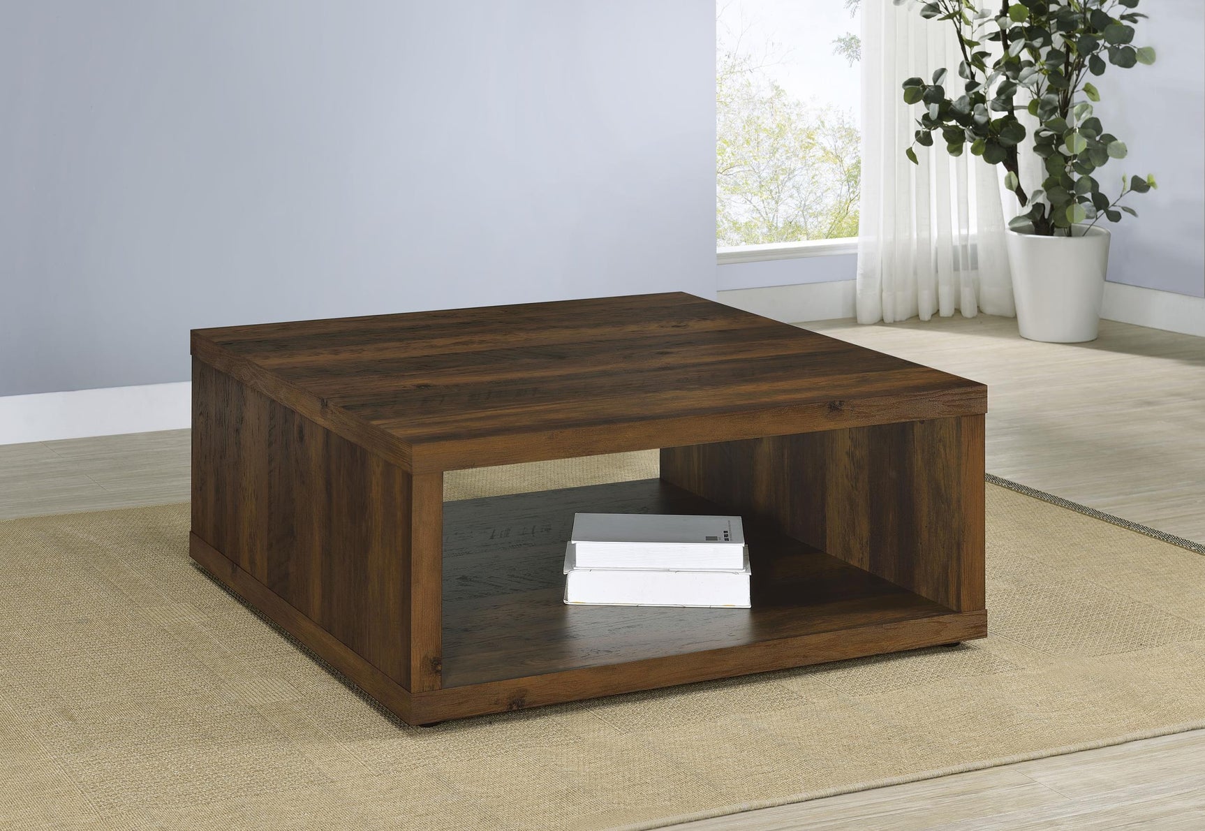 Side view of Frisco Square dark pine coffee table with plastic glides