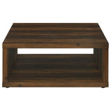 Front angle of Frisco Square engineered wood coffee table in dark pine