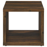 Square dark pine side end table showing plastic glide feet
