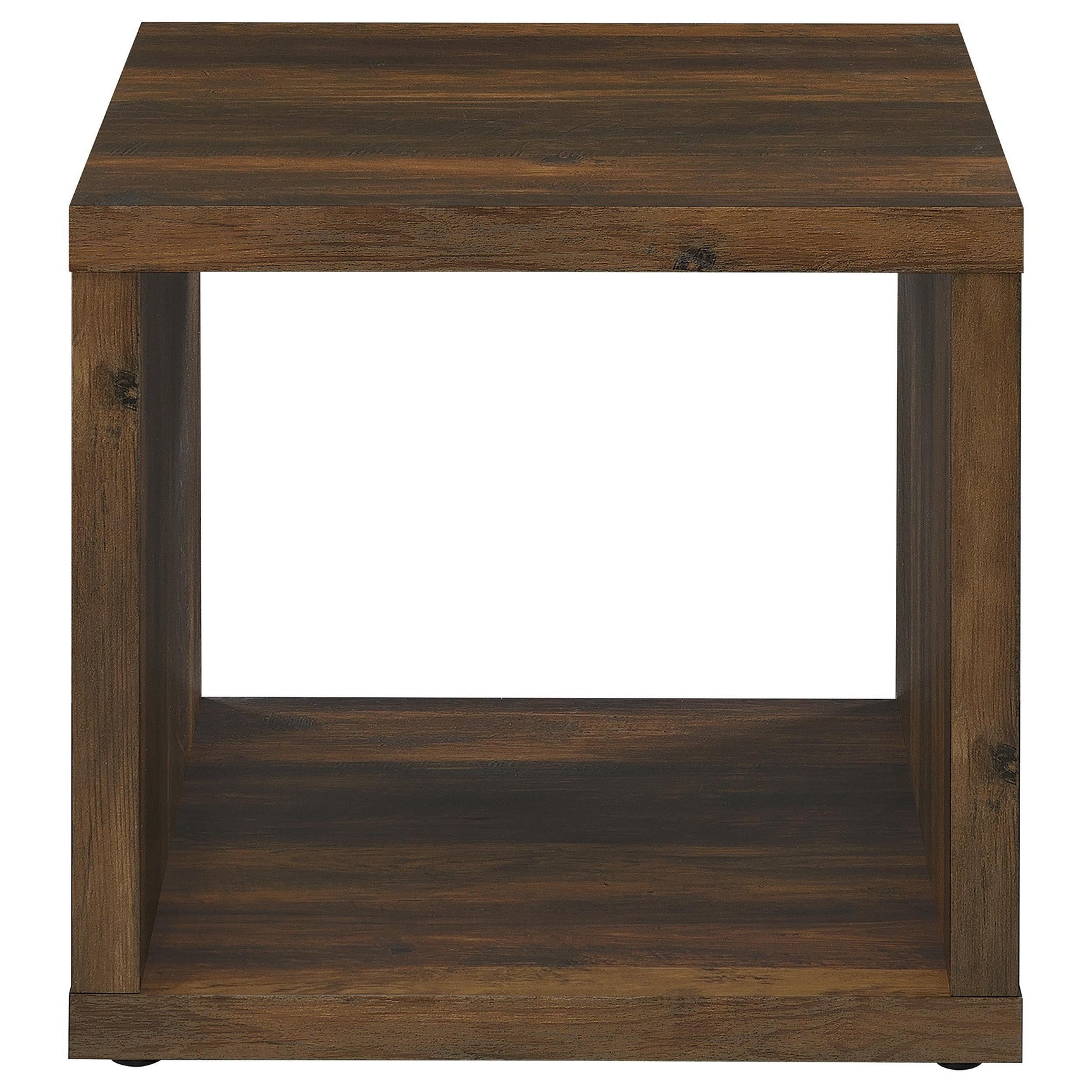 Square dark pine side end table showing plastic glide feet