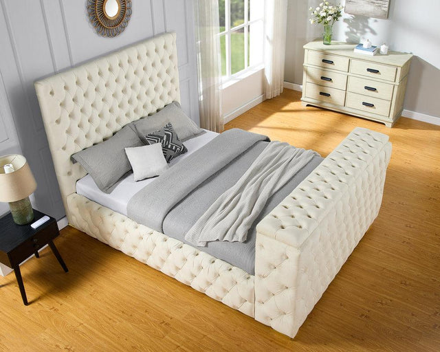 Future Beige Velvet King Platform Bed - front angle