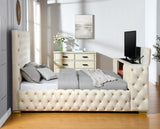 Side view of Future Beige Velvet King Platform Bed showing fireplace