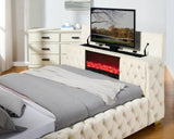 Footboard detail with fireplace and pull-out TV stand