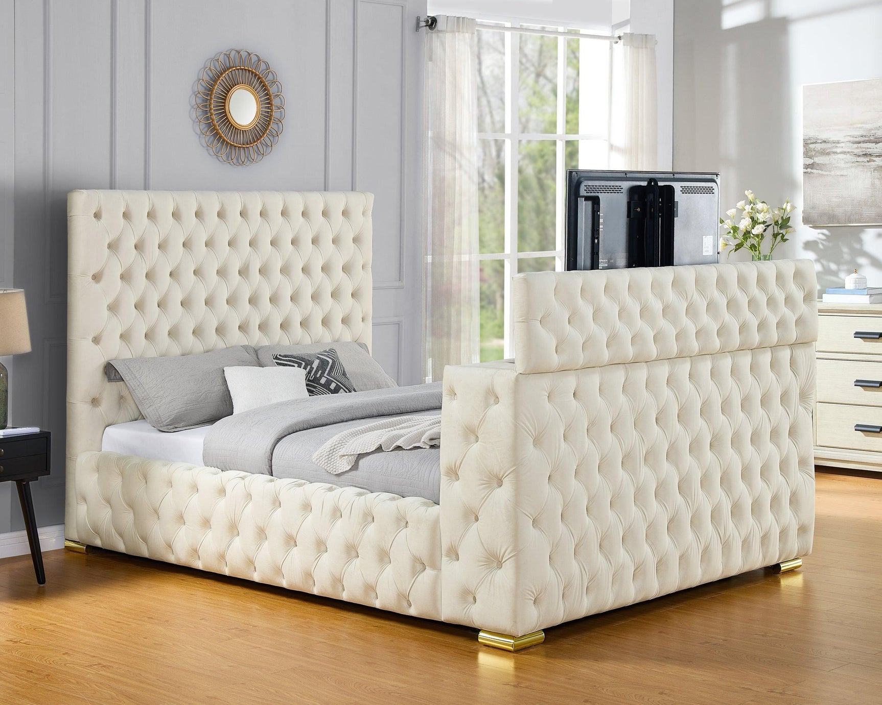 Close-up of beige velvet upholstery on headboard