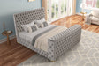 Front view of Future Gray velvet platform bed with LED fireplace footboard
