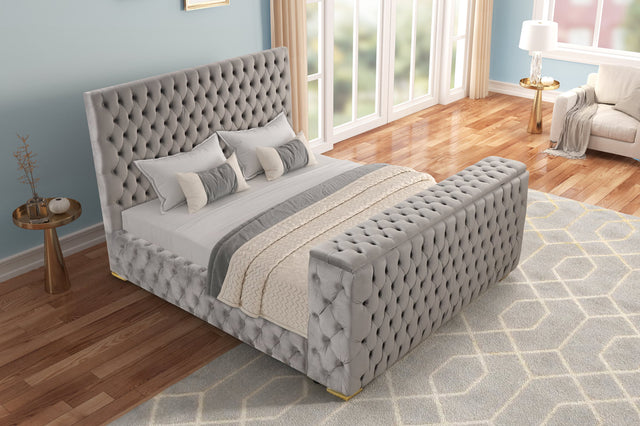 Front view of Future Gray velvet platform bed with LED fireplace footboard