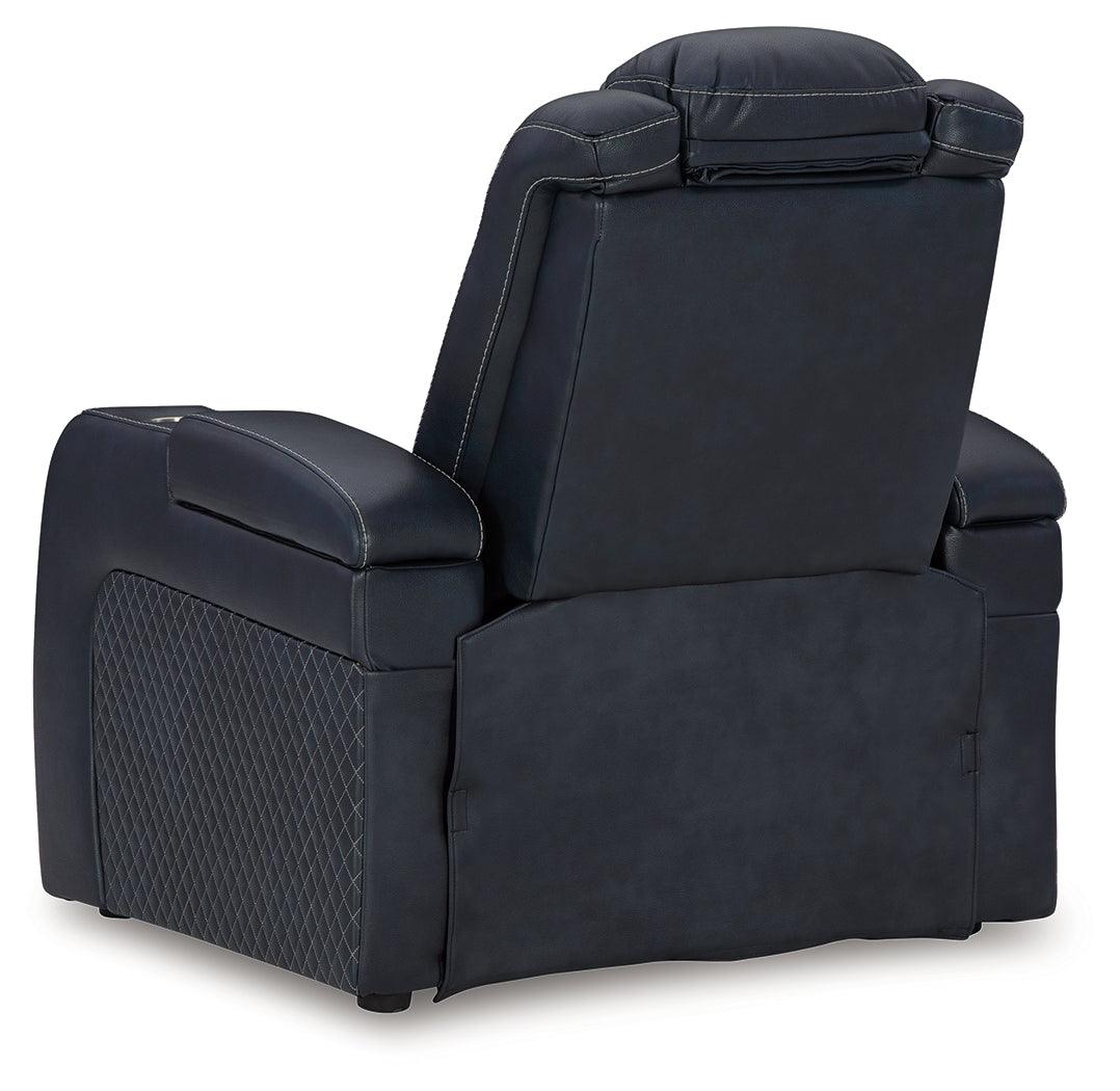 Fyne-Dyme Sapphire Faux Leather Power Recliner extended reclining view