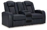 Fyne-Dyme Sapphire Faux Leather Power Reclining Loveseat with Console close-up of diamond stitching