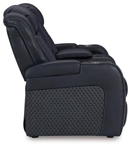 Console storage compartment of Fyne-Dyme loveseat