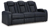 Fyne-Dyme sapphire faux leather power reclining sofa side view showing reclined seat