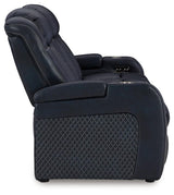 Power reclining sofa showing Easy View adjustable headrest position