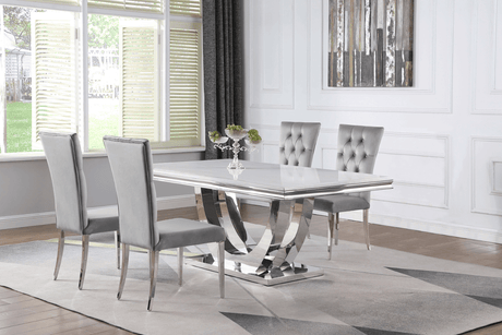G111101 White Genuine Marble Rectangular Dining Room Set front view