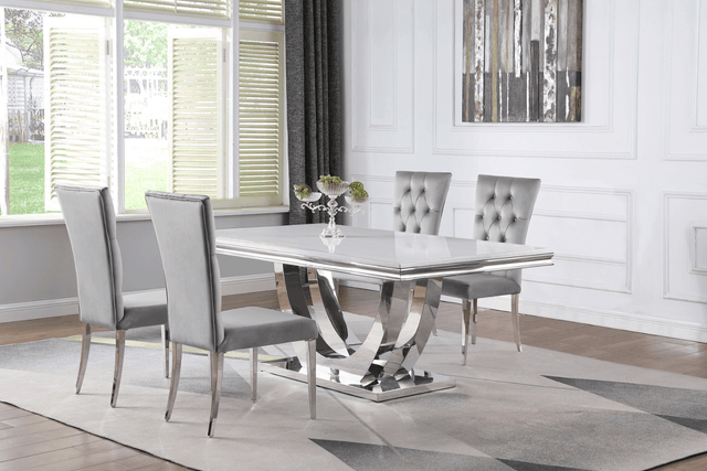 G111101 White Genuine Marble Rectangular Dining Room Set front view