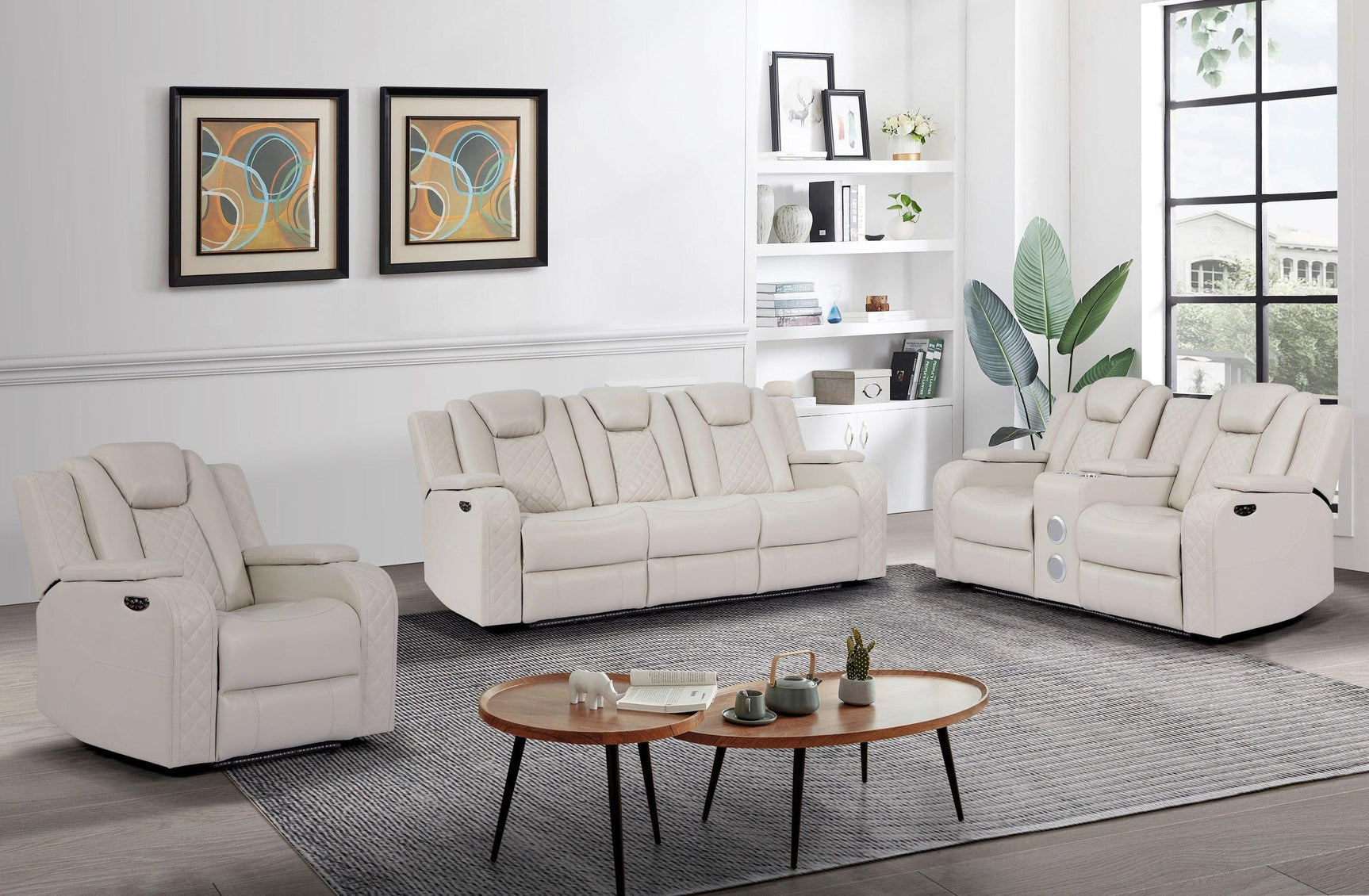 Galaxy Sand loveseat with Bluetooth speakers and recliner