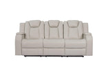 Close-up of sofa arm with hidden storage and USB port
