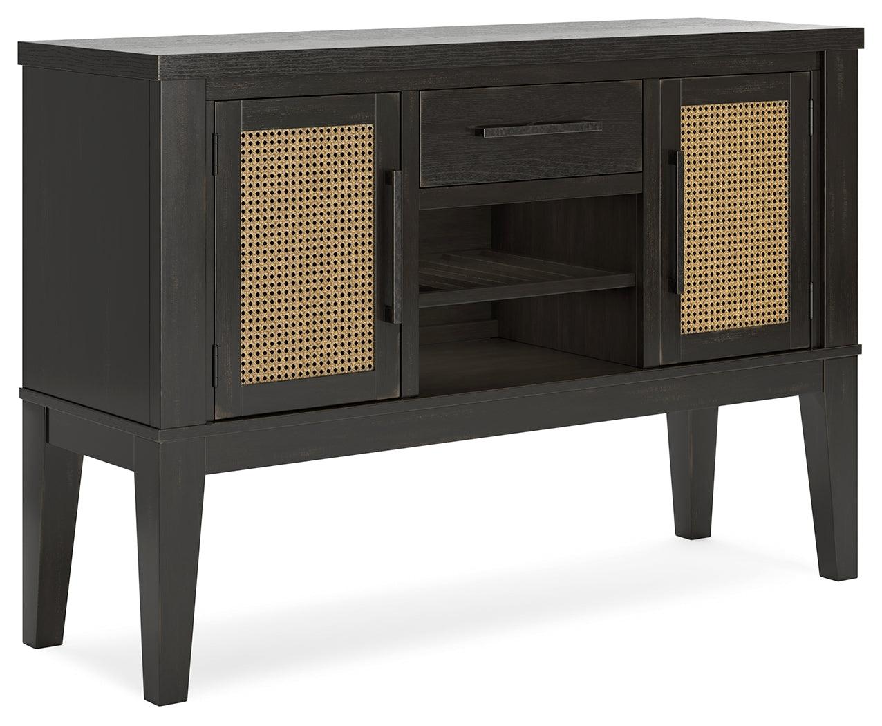 Close-up of synthetic cane door accents on Galliden dining server