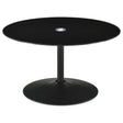 Ganso round metal coffee table with dark tempered glass top angled view