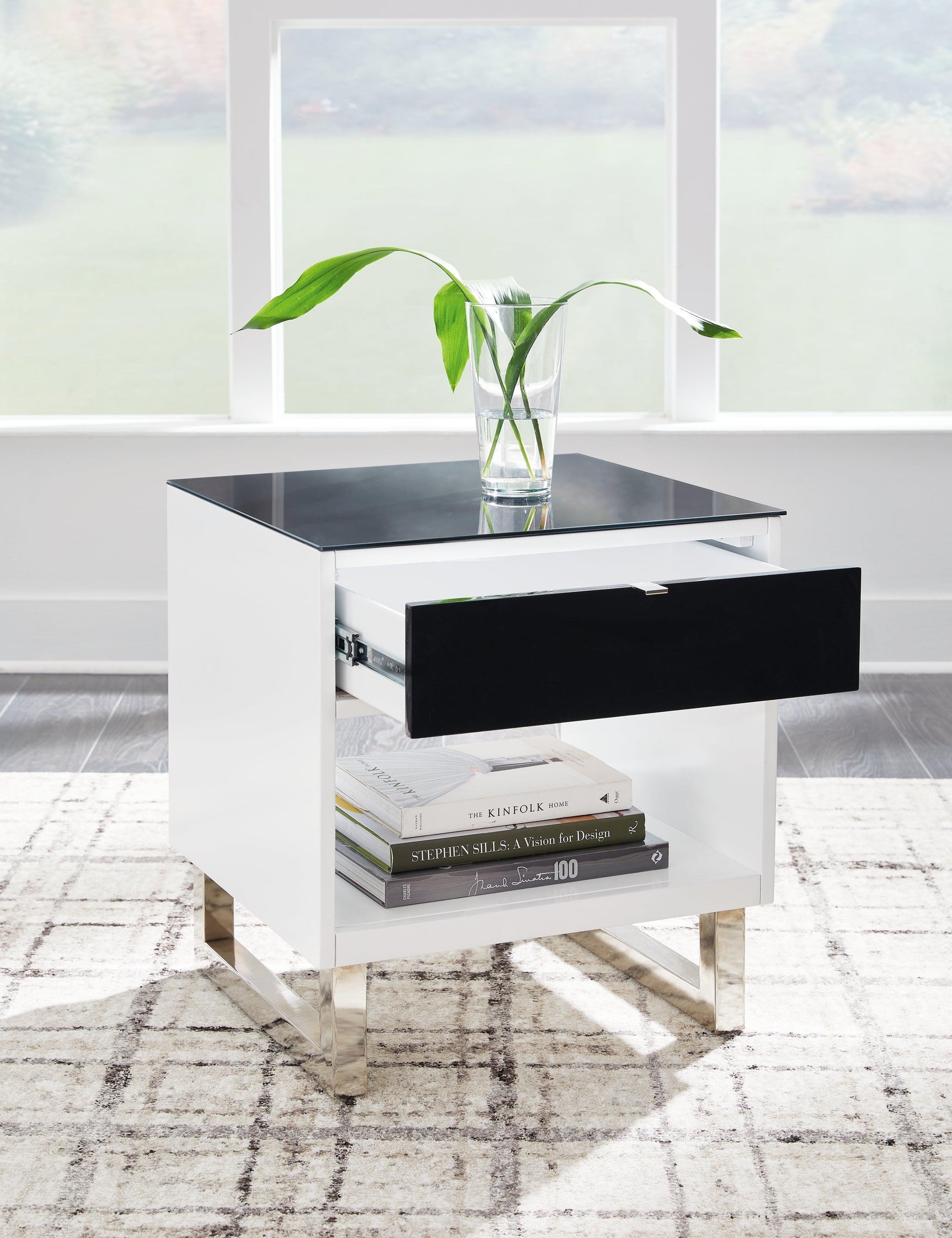 Gardoni End Table drawer front with black acrylic laminate