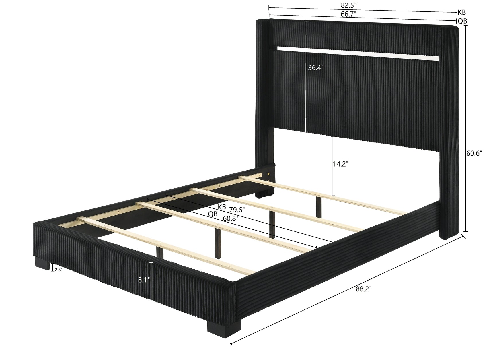 side view of Gennro Black Velvet Upholstered Panel Bedroom Set bed