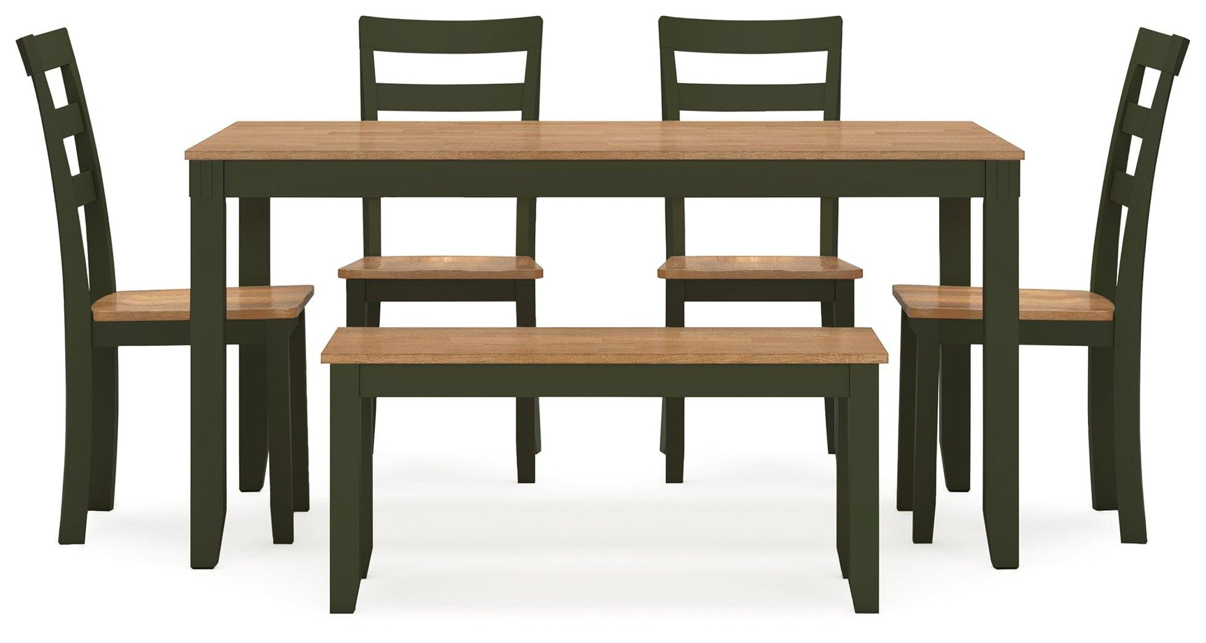 Close-up of dining table butcher block veneer top with green finish accents