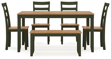Close-up of dining table butcher block veneer top with green finish accents