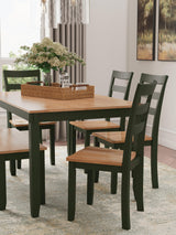 Dining bench with mango wood veneer seat paired with table