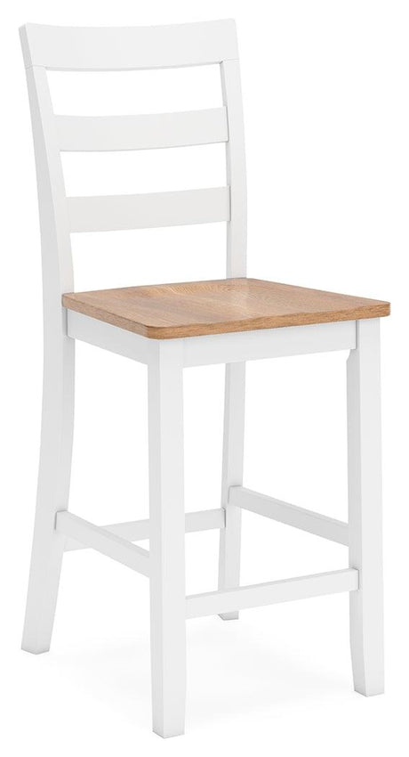 Side view of Gesthaven barstool showing solid wood frame and adjustable leveler